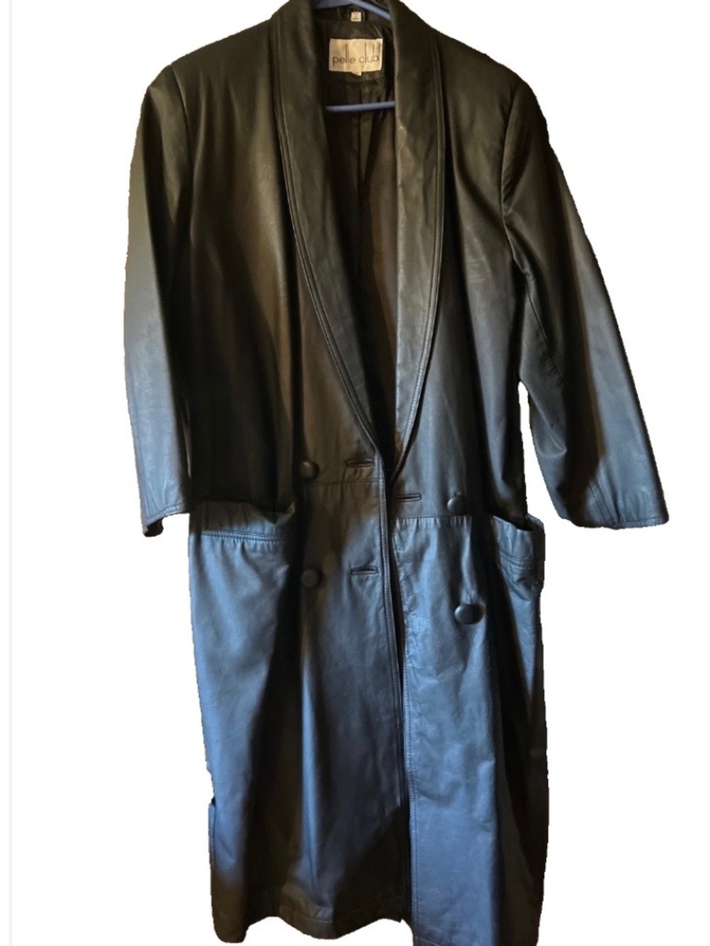VTG 90s Pelle Club Black Leather Trench Coat Jacket Shawl Collar  Small